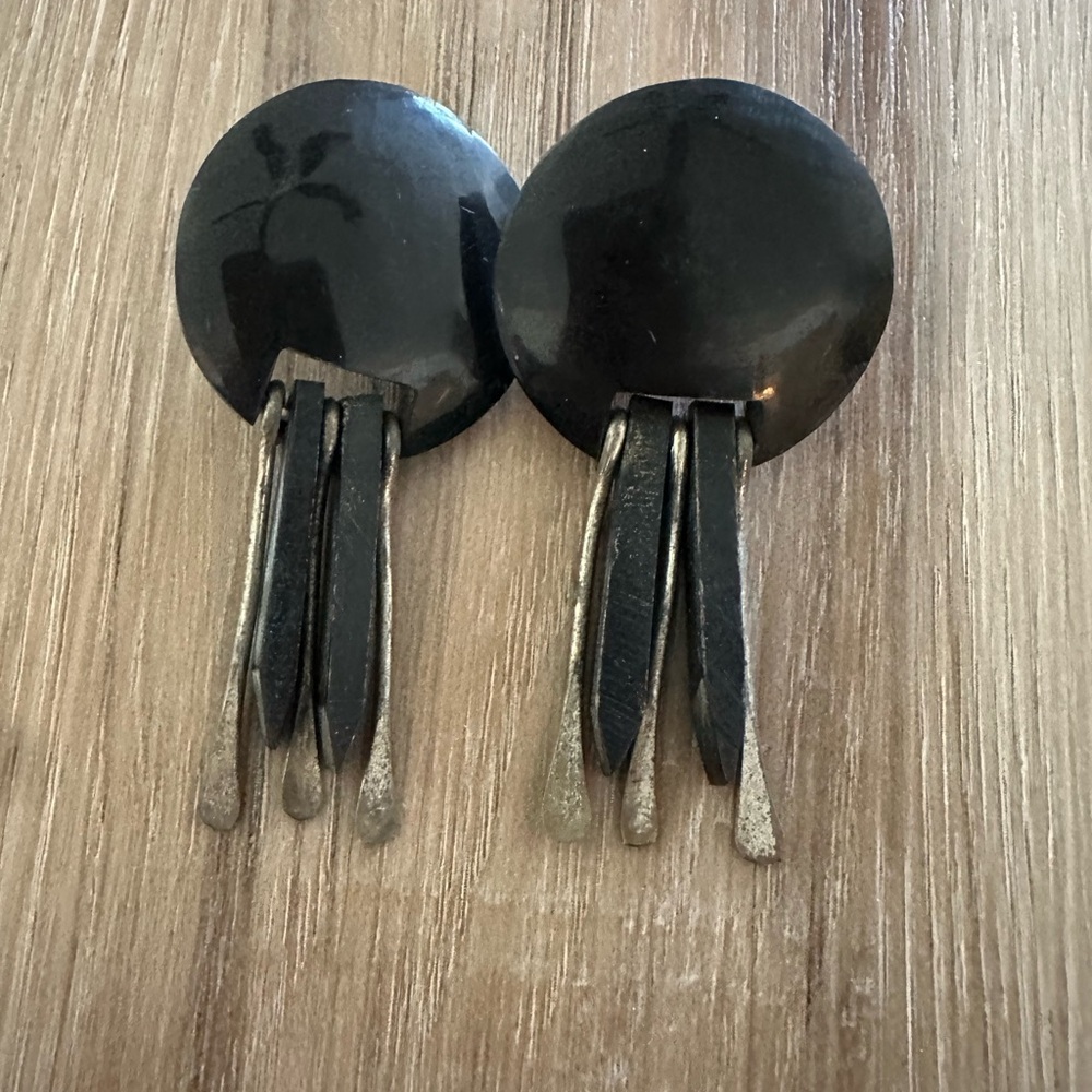 Vintage Button earrings with Silver Tone Tassels